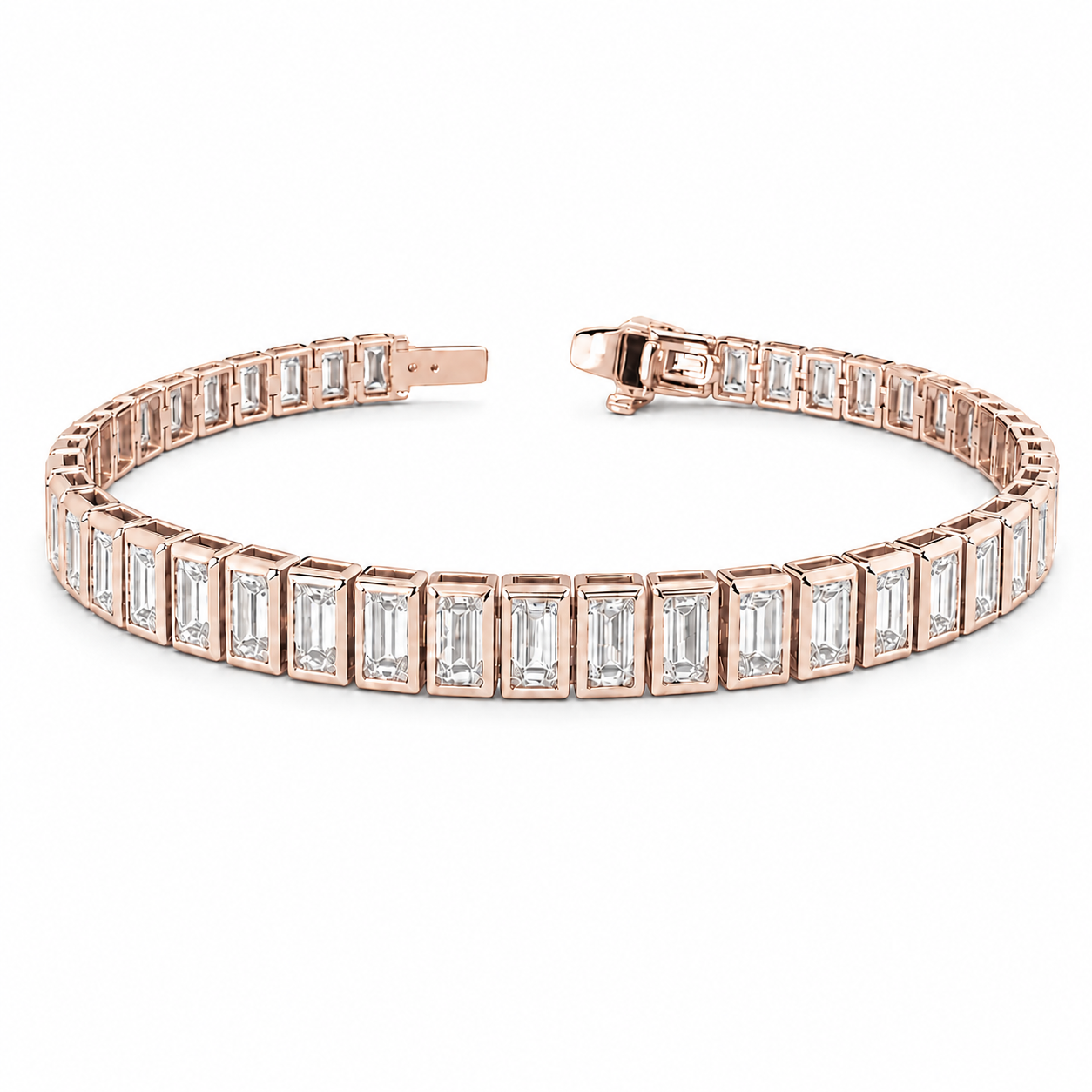 Emerald-Cut Diamond Tennis Bracelet, 5–15 ct., 14K Gold, South-North Bezel Set
