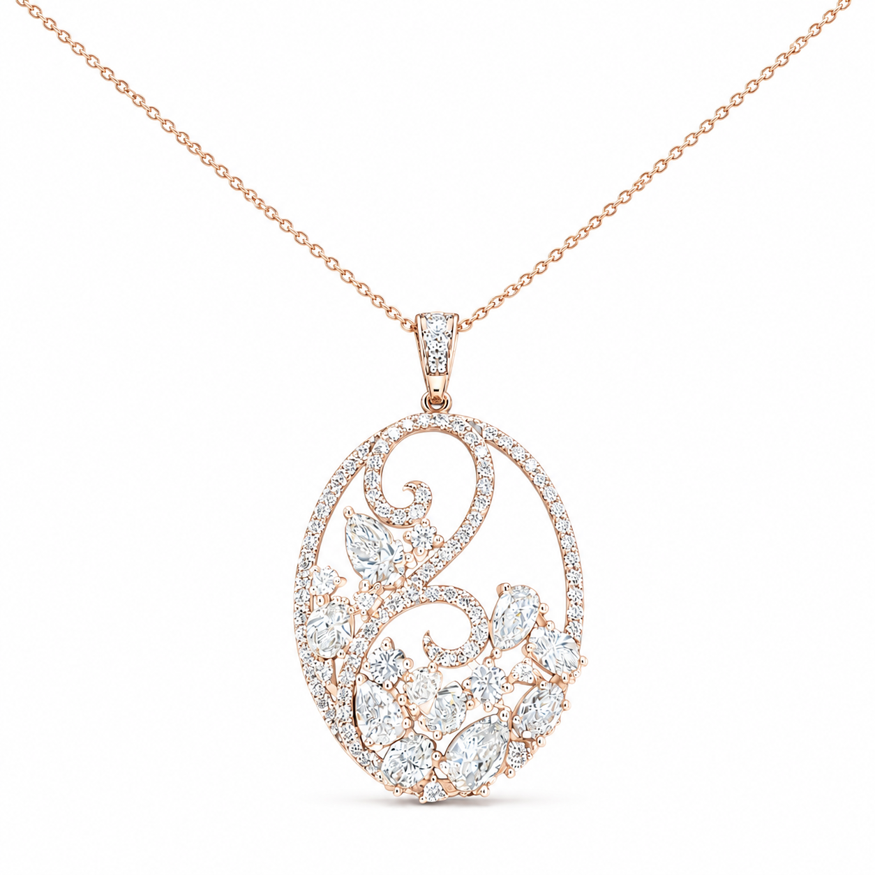 Rose gold pendant necklace featuring a large oval pavé diamond pendant with a floral scroll design, suspended from a delicate rose gold chain against a white background.