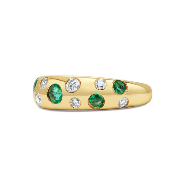 Green Emerald & Diamond Inlay Dome Ring in 18K Gold – Luxury Gemstone Band