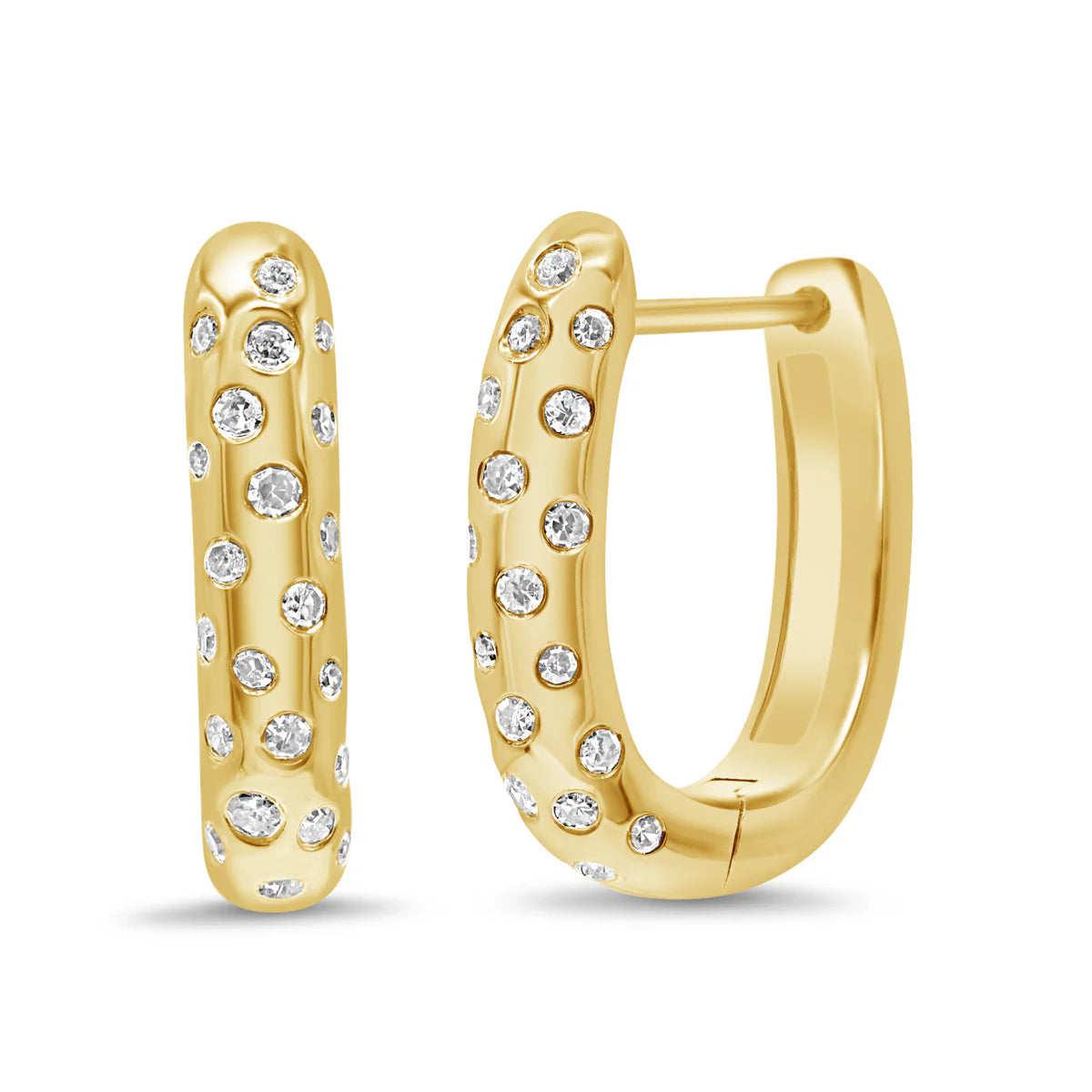 Gold hoop earrings with embedded diamonds on a white background