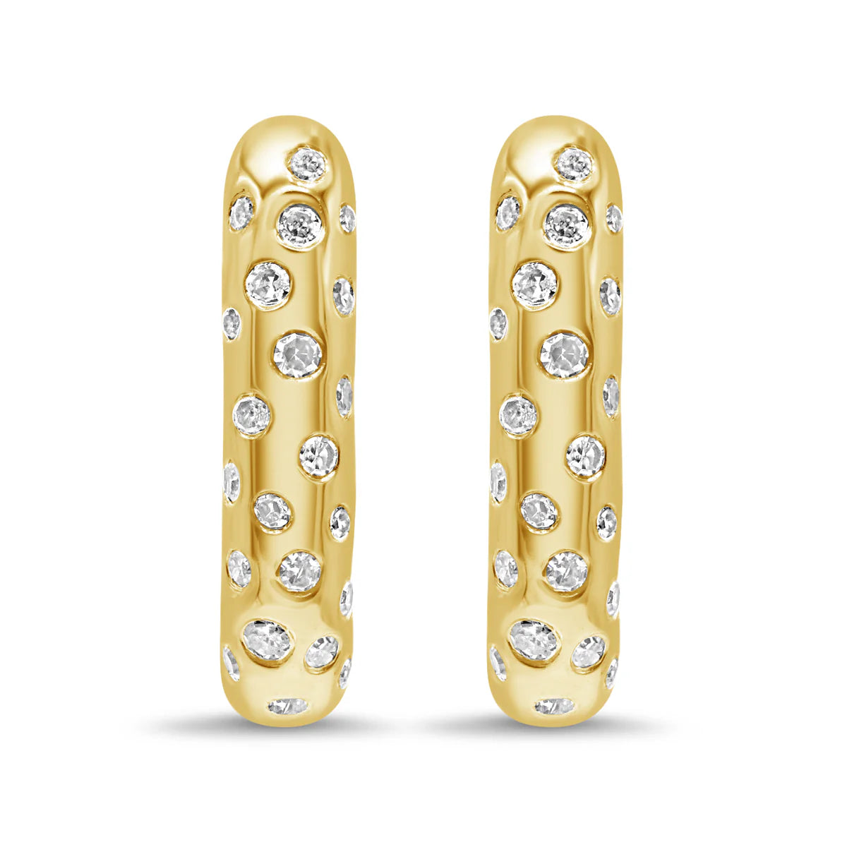 Gold hoop earrings with embedded diamonds on a white background