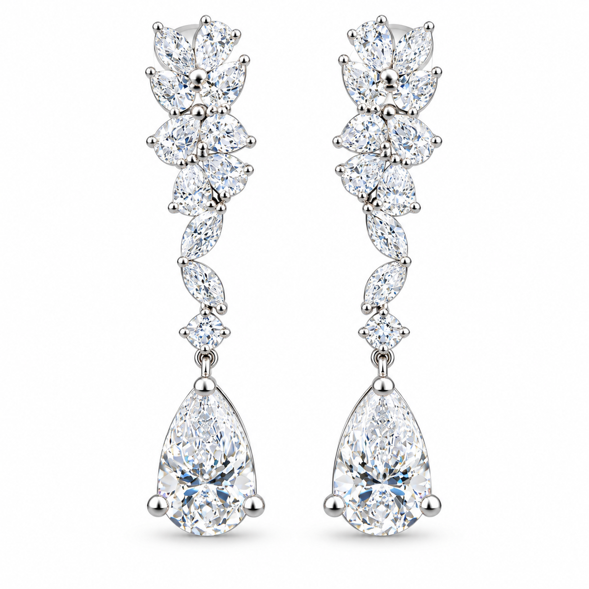 Marquise & Pear Diamond Cluster Drop Earrings, 7 ct. – 14K White Gold
