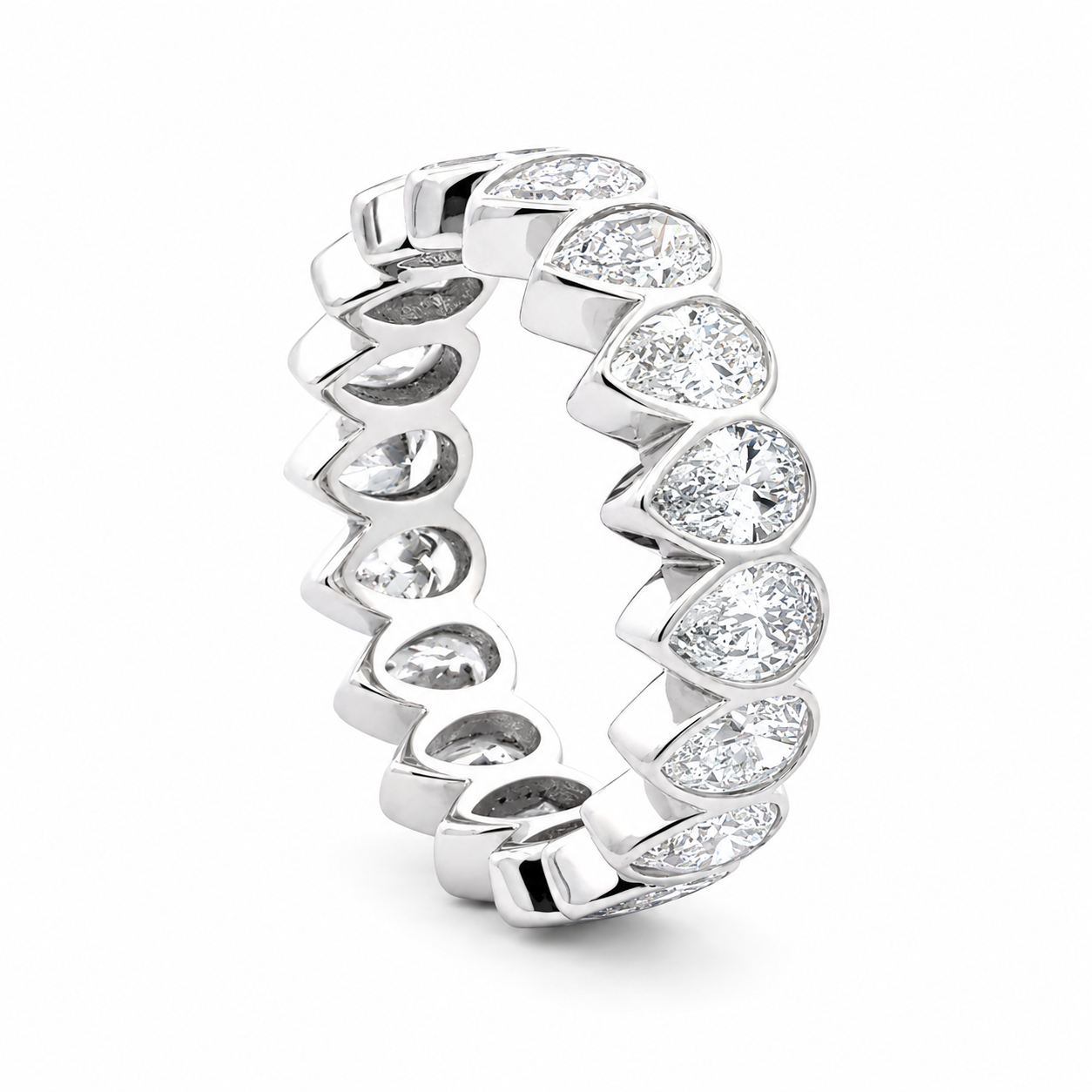 A 14k white gold eternity ring featuring a row of marquise-cut clear gemstones set in a polished white metal band, shown on a clean white background.