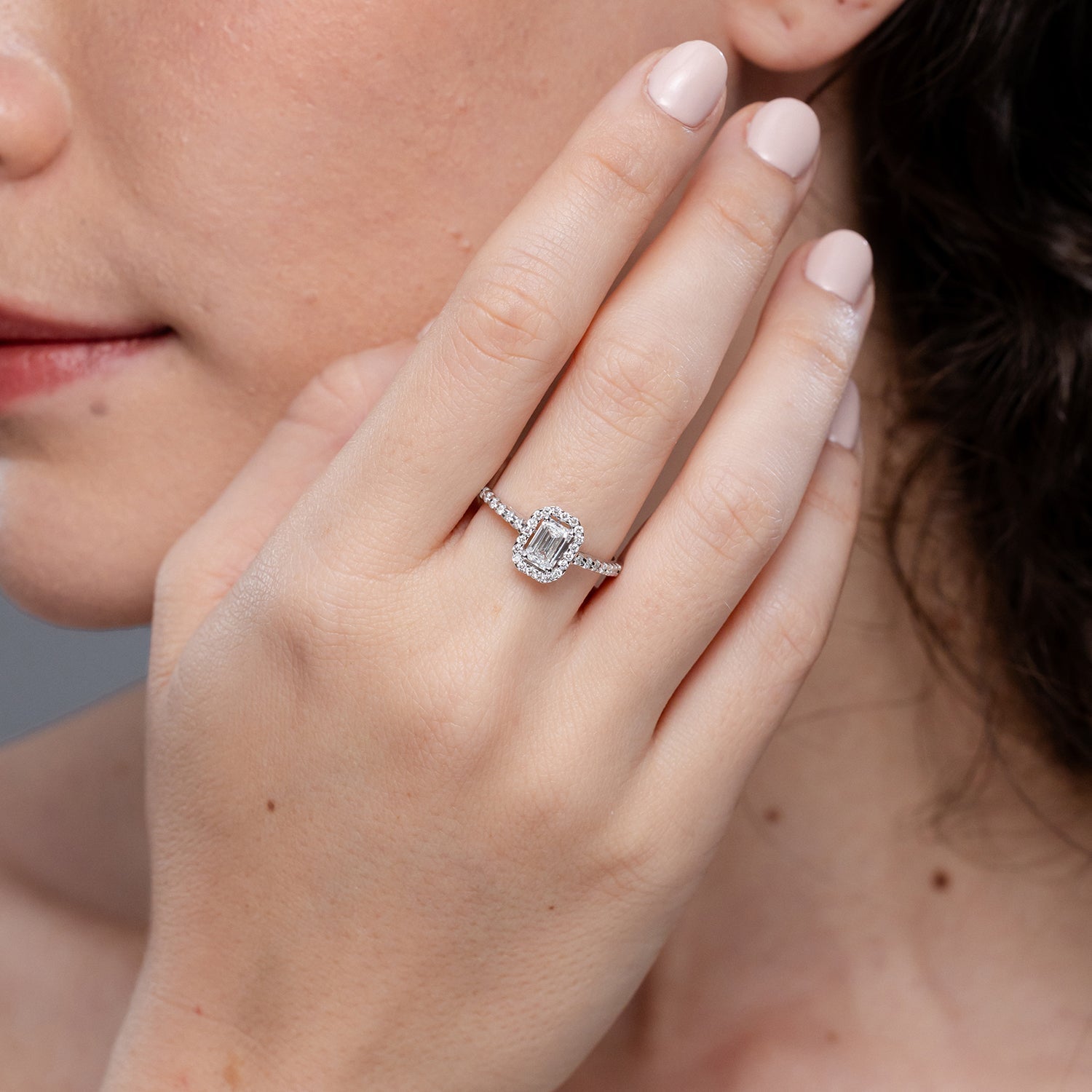 Prong-Set Emerald-Cut Lab-Grown Diamond Halo Ring