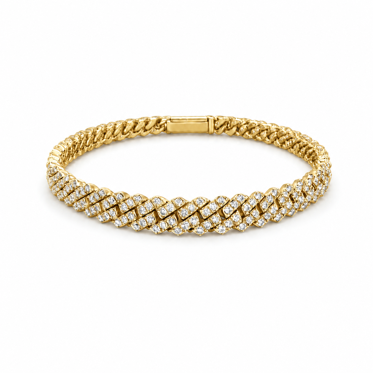 A gold tennis bracelet featuring a braided chain design set with clear pavé diamonds, photographed on a clean white background.