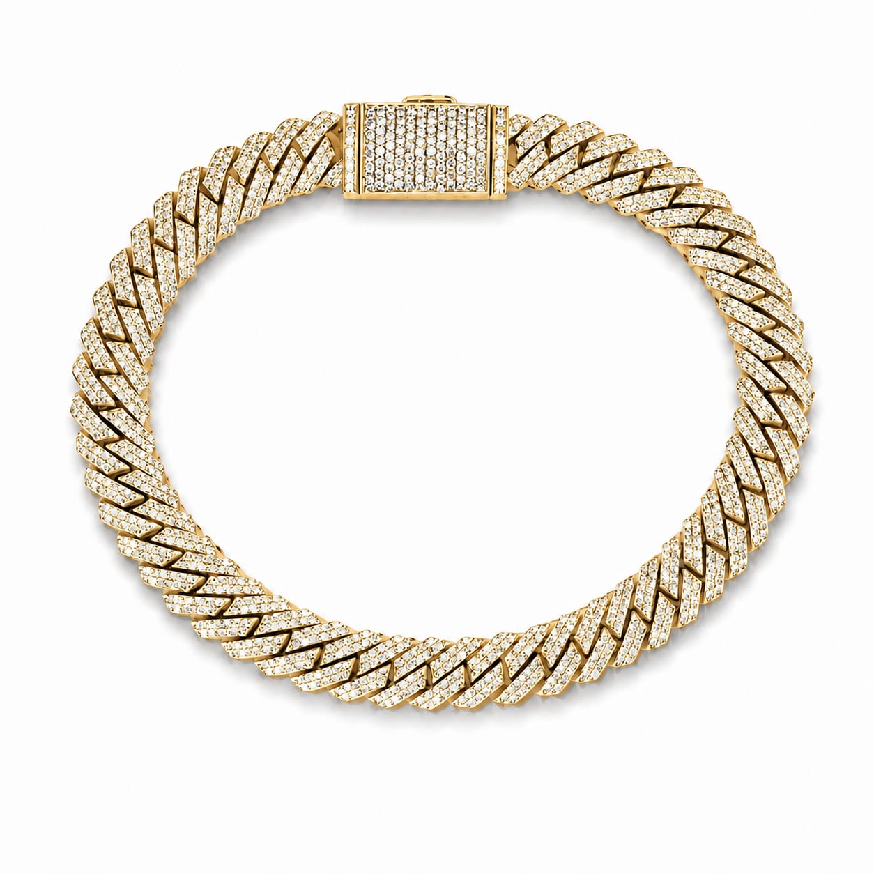 A gold-toned Cuban link chain bracelet paved with small clear stones, shown on a plain white background.