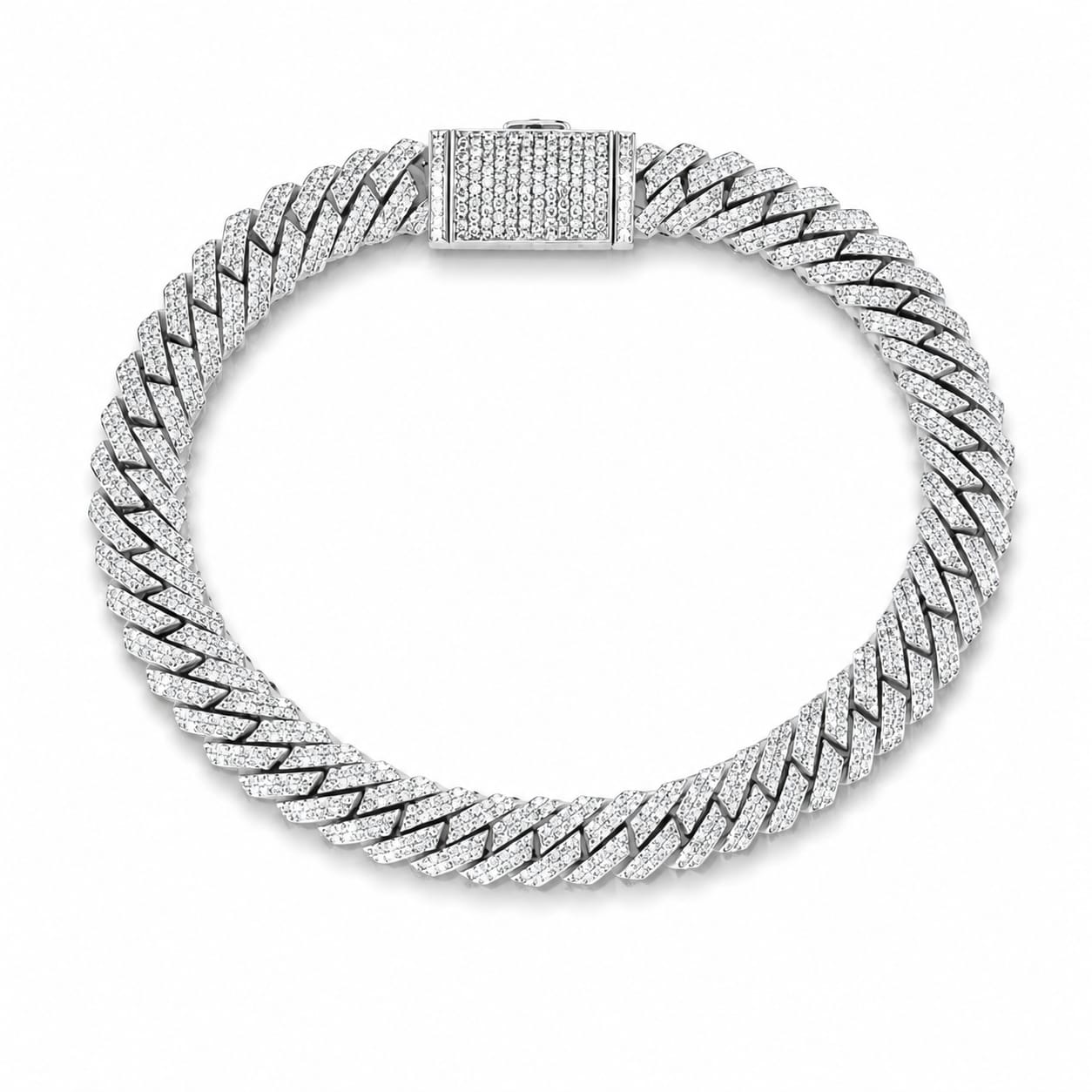 A silver-toned braided chain bracelet paved with small clear stones, shown on a plain white background.