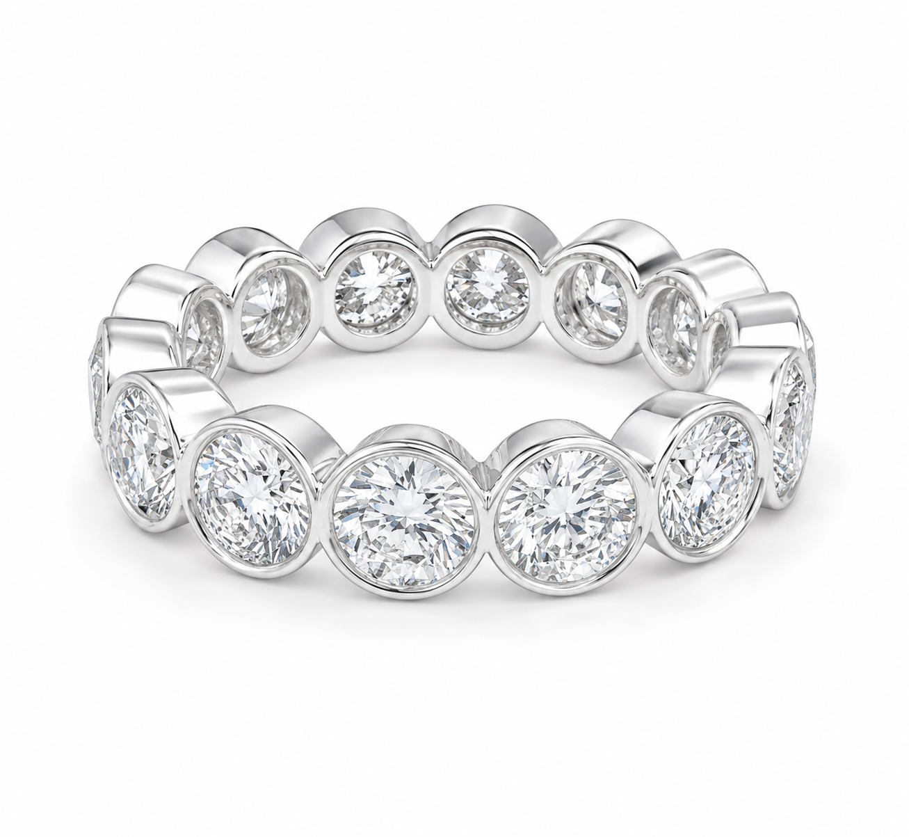 A silver diamond eternity band ring featuring round brilliant-cut diamonds set in a polished silver-colored metal, shown on a clean white background.