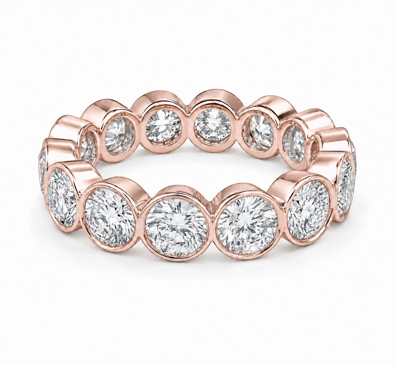A rose gold eternity band featuring a continuous row of round brilliant-cut diamonds in bezel settings, shown on a clean white background.