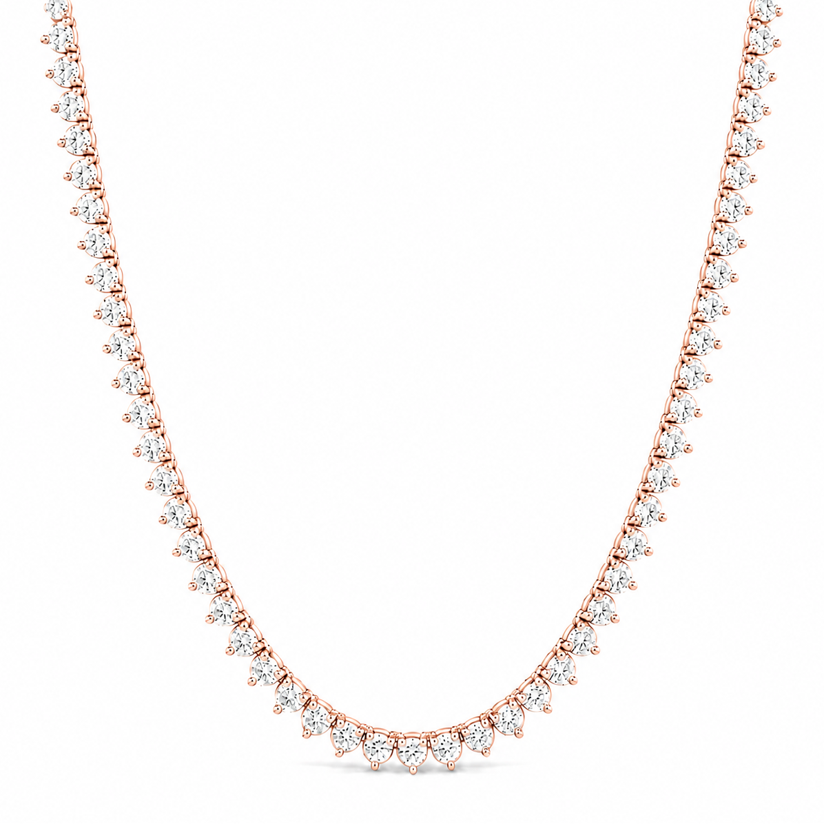 A rose gold tennis necklace paved with small round and marquise-cut clear stones, displayed in a U-shape against a solid white background.