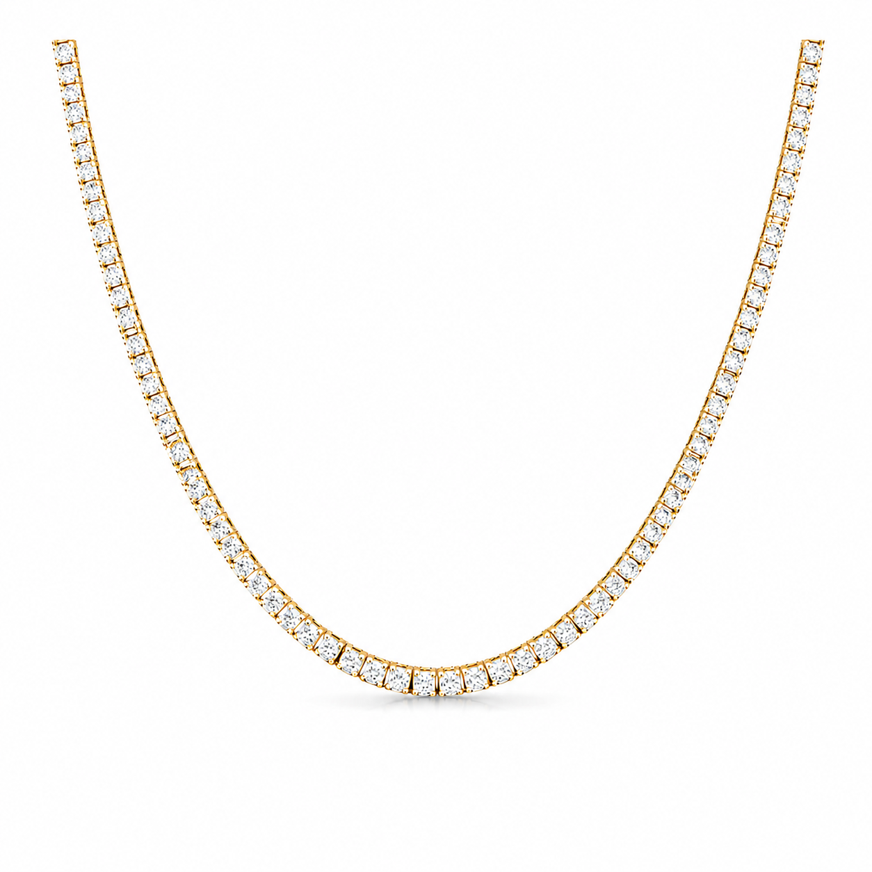 A yellow gold tennis necklace paved with small round-cut clear gemstones, shown on a plain white background.