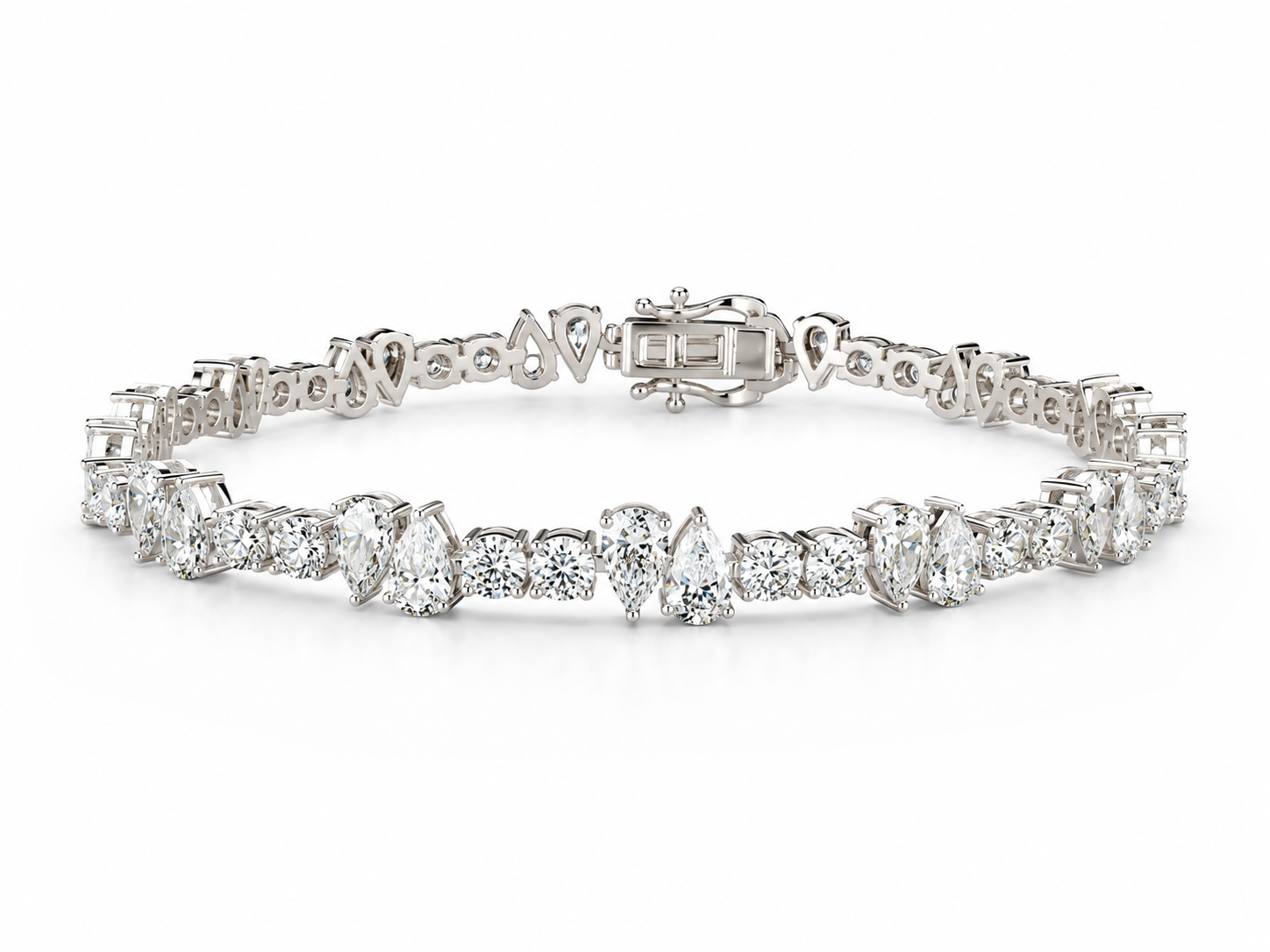 A silver tennis bracelet featuring a row of clear diamonds in marquise, round, and baguette cuts, displayed on a clean white background.