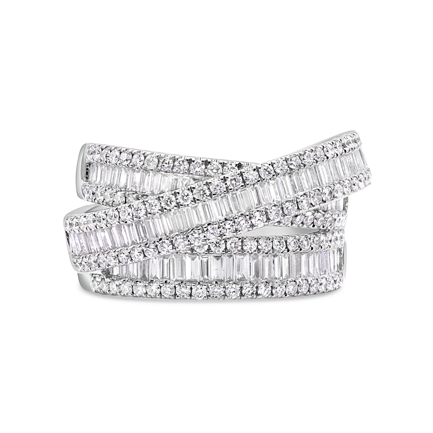 Set of three diamond eternity bands on a white background Round and Baguette Diamond Criss Cross Ring