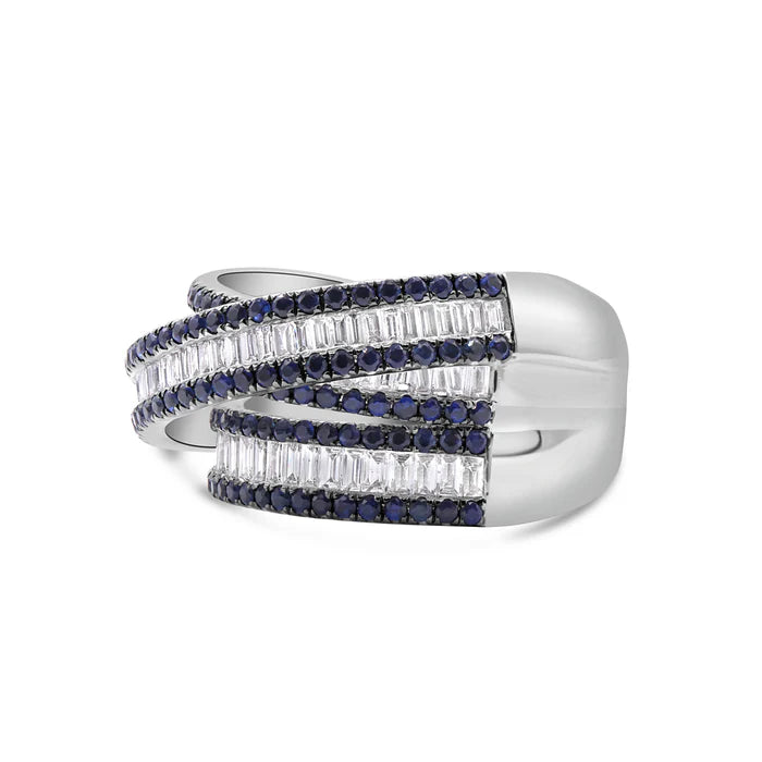 Sapphire & Baguette Diamond Criss Cross Ring in 18K White Gold – Bold Luxury Statement on a white background