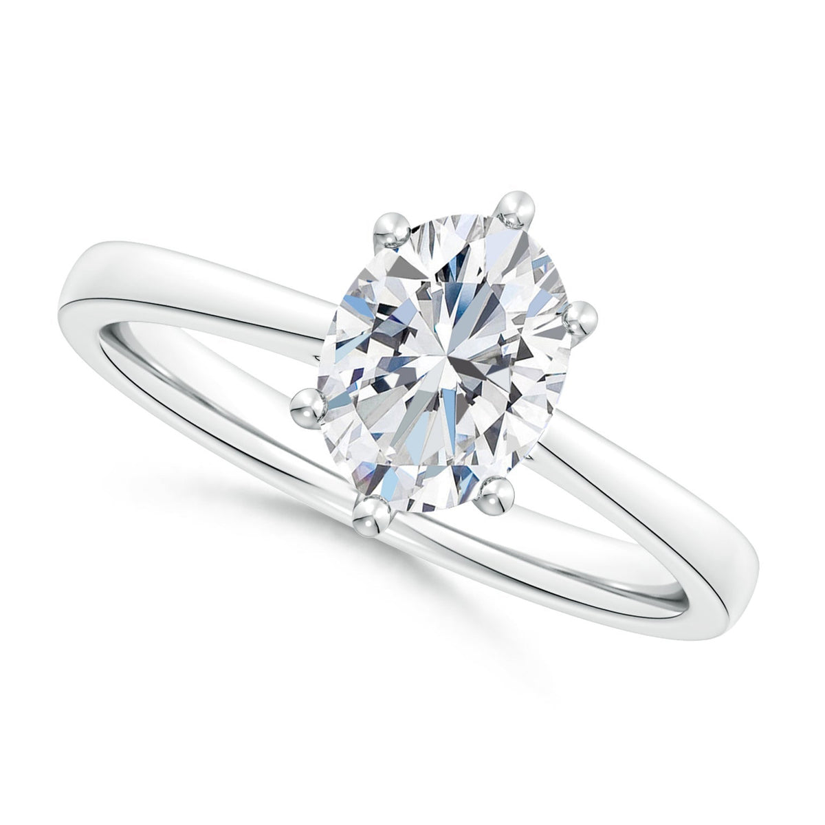 Six Prong-Set Oval Diamond Reverse Tapered Shank Cathedral Engagement