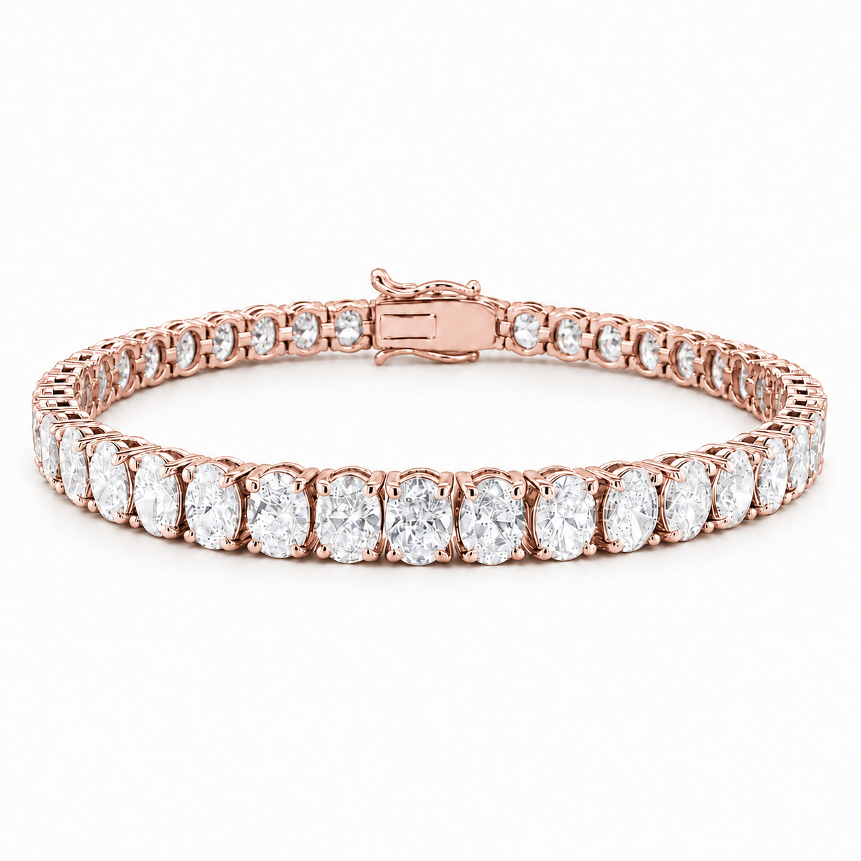 A rose gold tennis bracelet featuring a row of round brilliant-cut diamonds in a prong setting, with a clasp visible at the top center, shot against a solid white background.