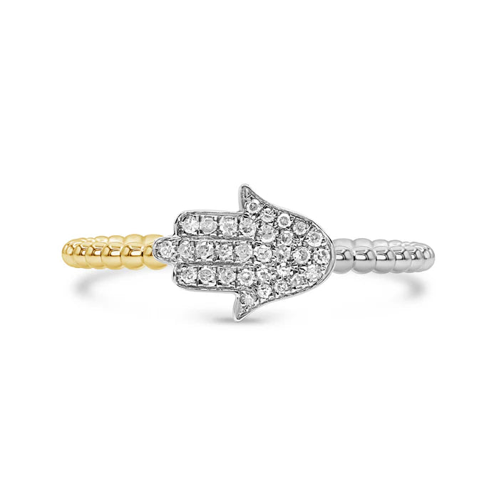 Two-Tone Gold Diamond Hamsa Ring – 14K Gold Symbolic Diamond Band