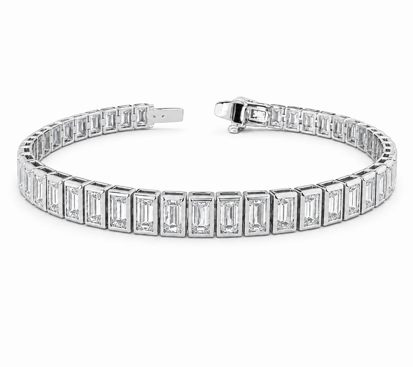 Emerald-Cut Diamond Tennis Bracelet, 5–15 ct., 14K Gold, South-North Bezel Set