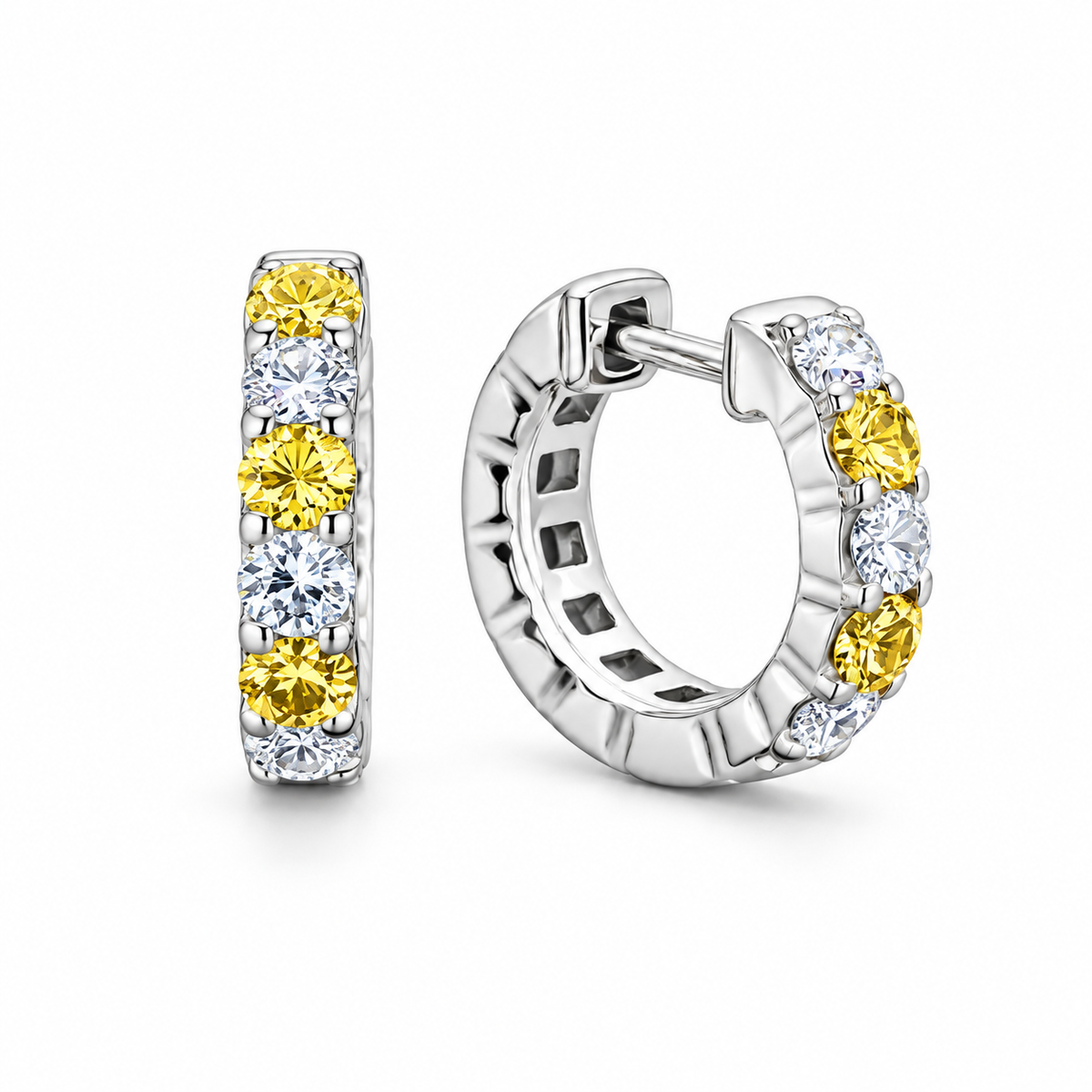 Yellow & White Diamond Huggie Hoop Earrings, 1 ct. – 14K White Gold