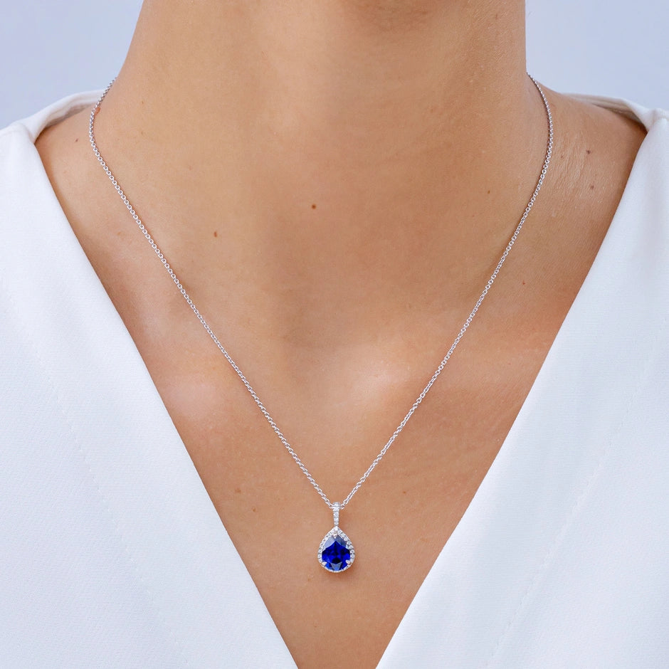 Blue Sapphire Teardrop Pendant with Lab Diamond Halo, Lab-Grown