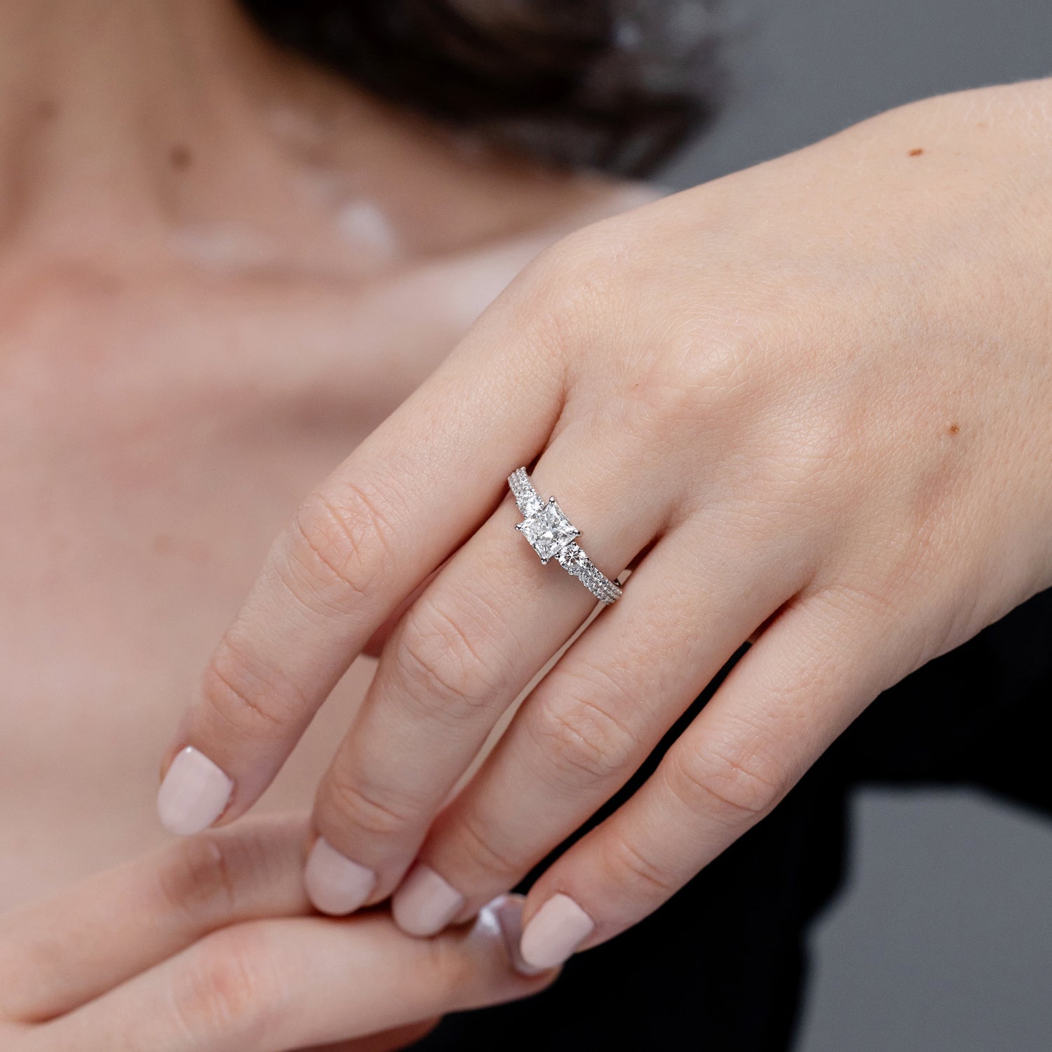 Princess-Cut Diamond Side Stone Shank Engagement Ring