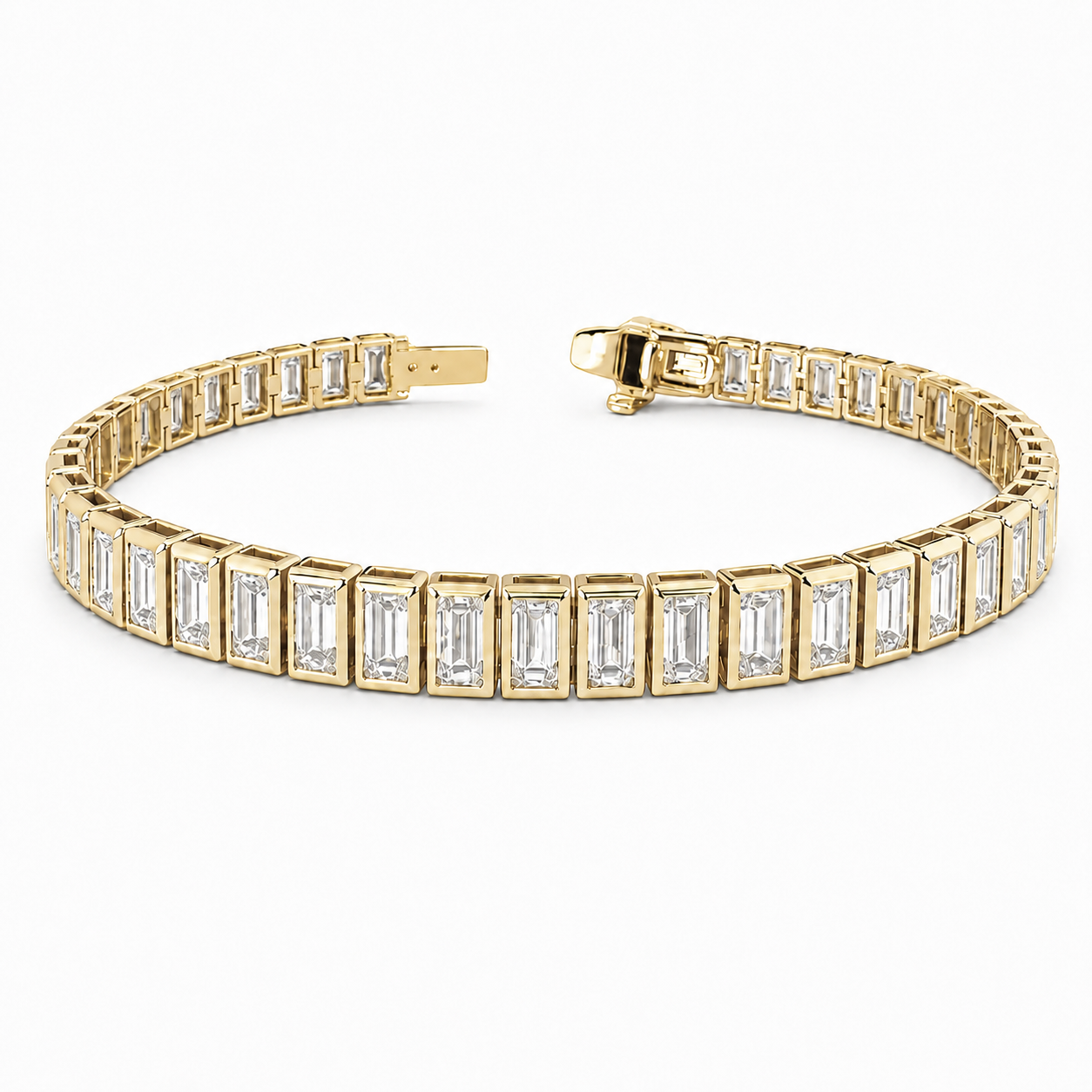 Emerald-Cut Diamond Tennis Bracelet, 5–15 ct., 14K Gold, South-North Bezel Set