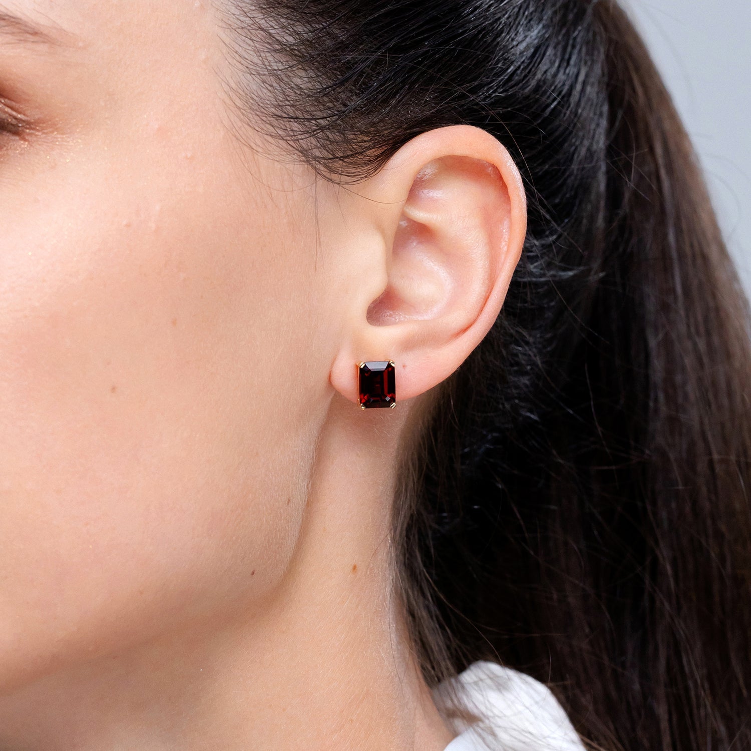 Emerald-Cut Garnet Solitaire Stud Earrings, 18K Gold