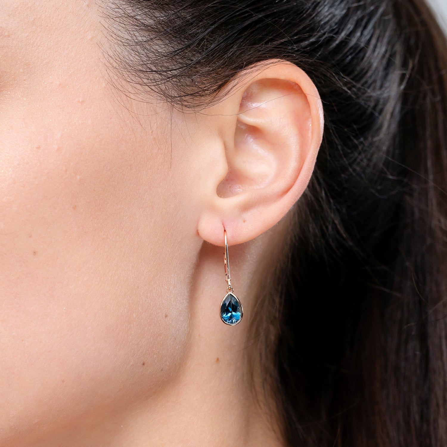 Pear London Blue Topaz Drop Earrings, 14K Gold Bezel-Set