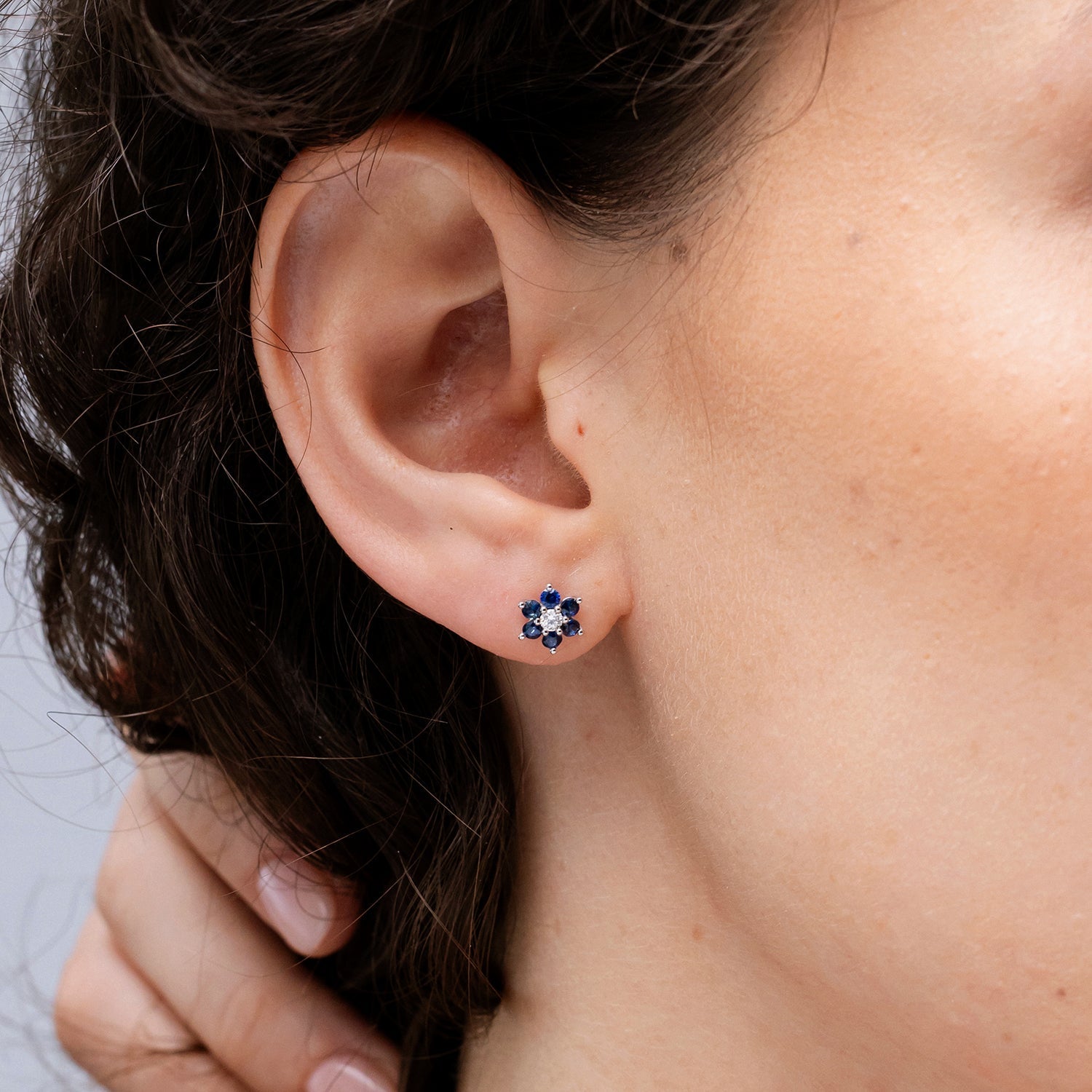 Diamond and Lab-Grown Blue Sapphire Flower Stud Earrings
