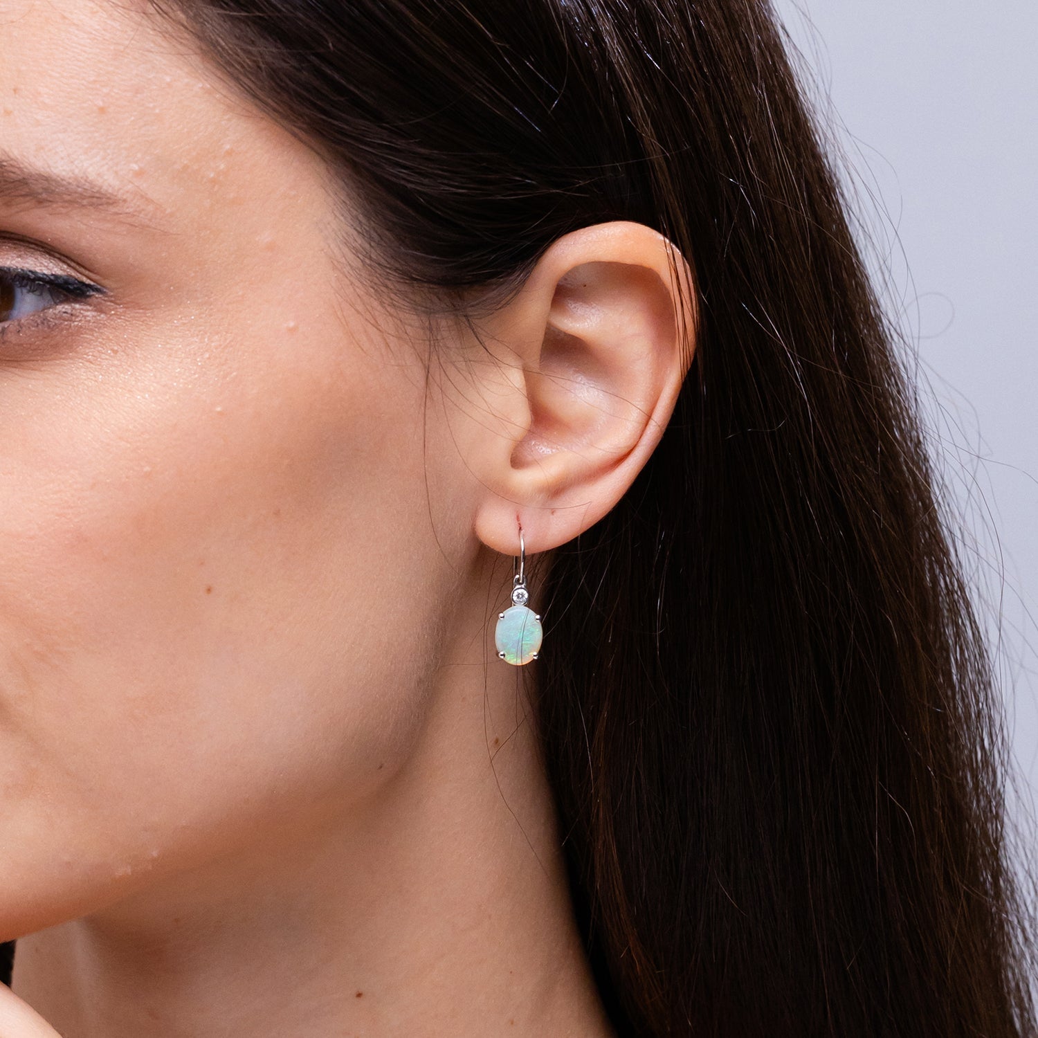 Oval Opal with Bezel-Set Diamonds Fish Hook Earrings