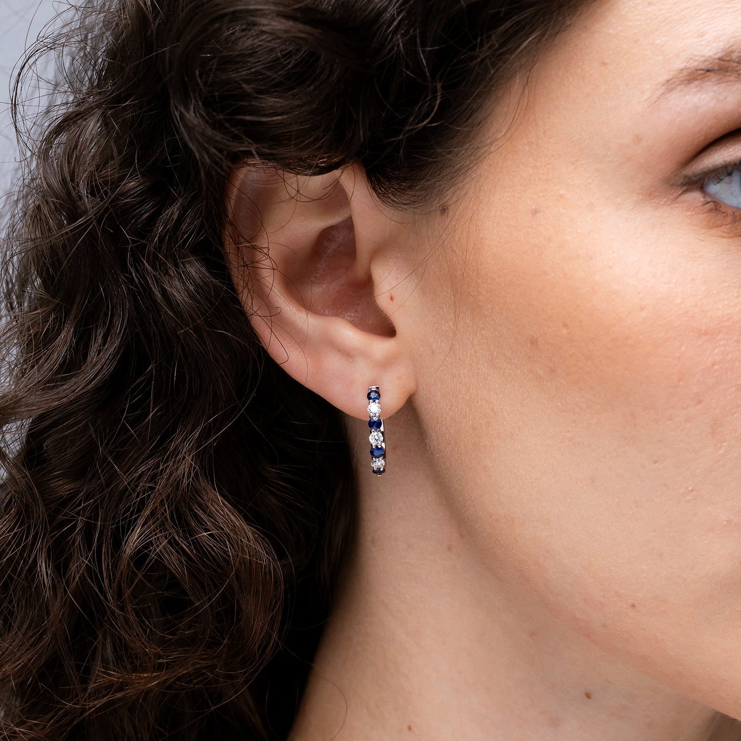 Lab-Grown Blue Sapphire and Diamond Hoop Earrings, Prong-Set Huggies